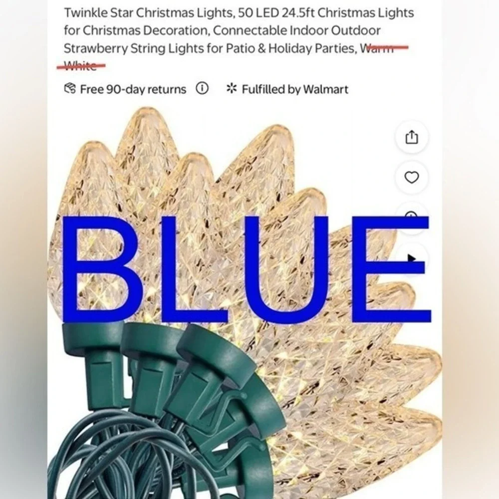 C9 Blue LED Christmas‎ String Lights 25 Ft Indoor Outdoor 50 Bulbs